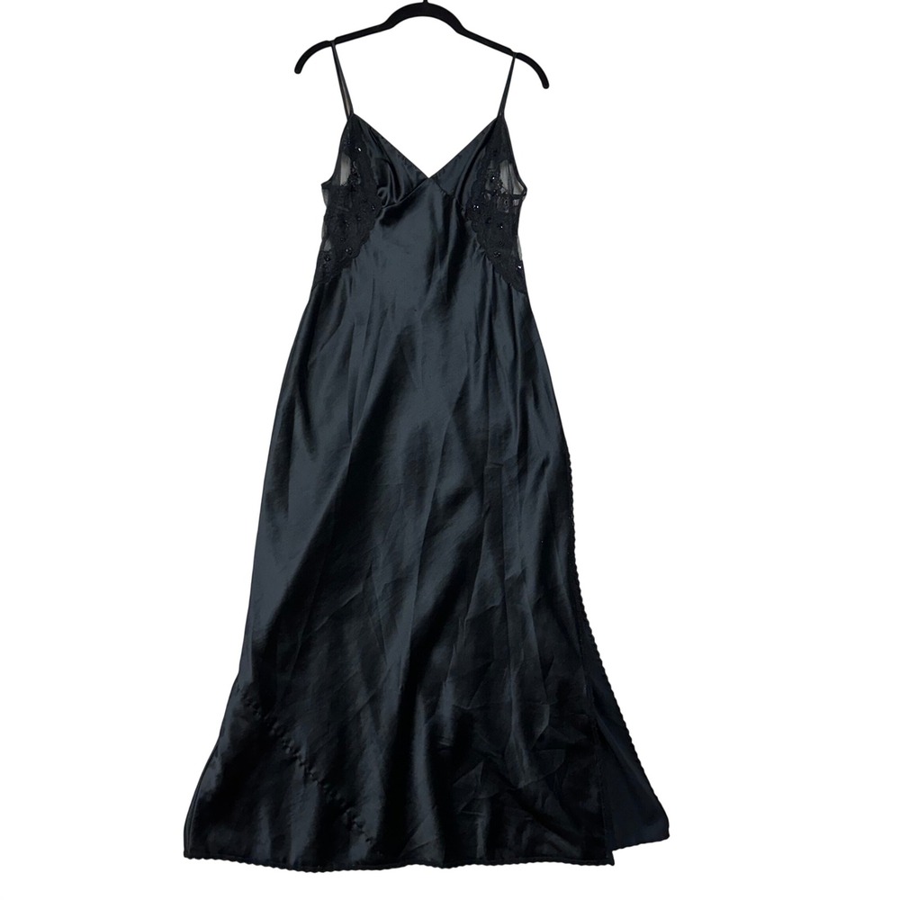 Victorias Secret Y2K Vintage Black Satin Lace Backless V-neck Maxi Slip Dress XS